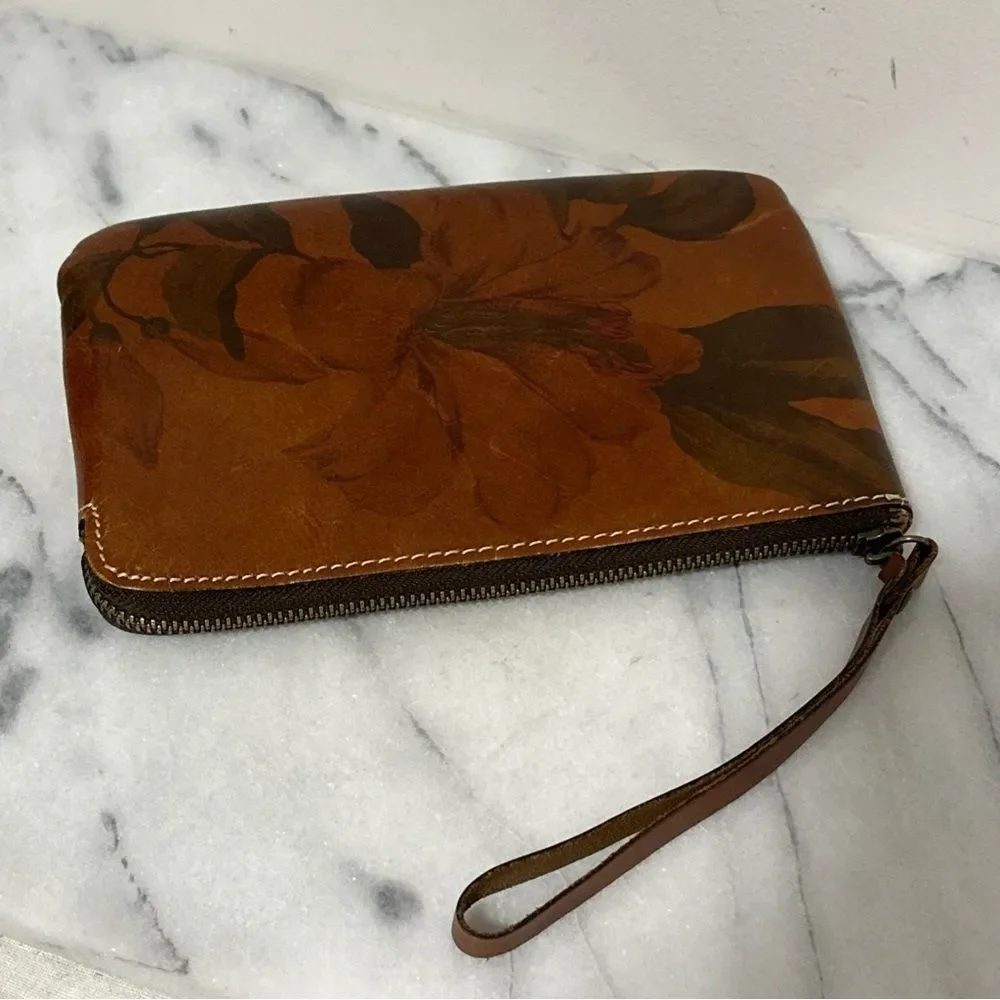 Patricia Nash Brown Leather Wristlet with Floral Design